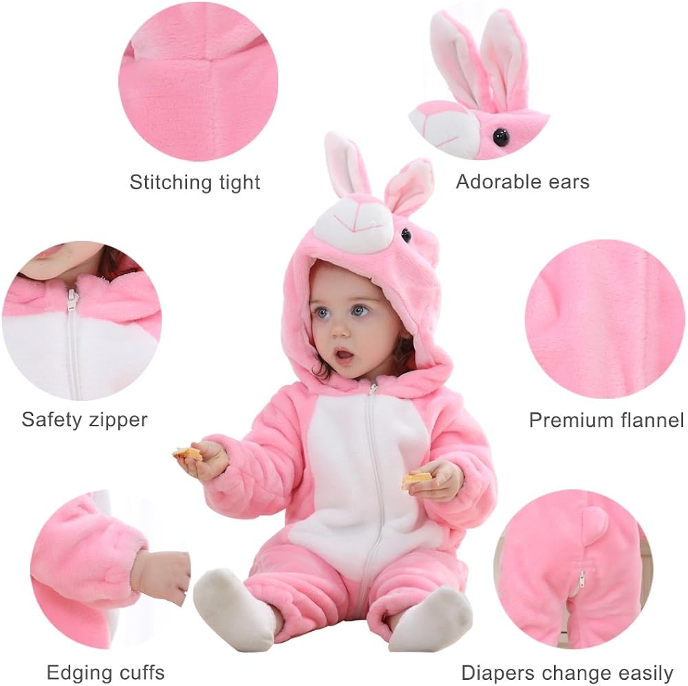 COOKY.D Infant Hooded Baby Rompers Animal Jumpsuit Soft Flannel Winter Cosplay Costume for Baby Girls Boys 6-12 Months, Rabbit - Image 4