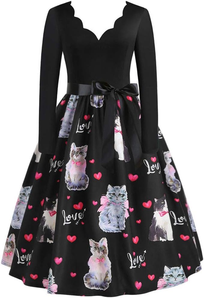 Women Christmas Dresses, Ladies Elegant Long Sleeve Snowman Santa Claus Print Vintage Flare Party Maxi Dress Skirts (L, C-Black)