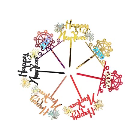 Amosfun 7PCS 2020 Happy New Year Cake Topper Decoration Acrylic Cake Topper New Years Day