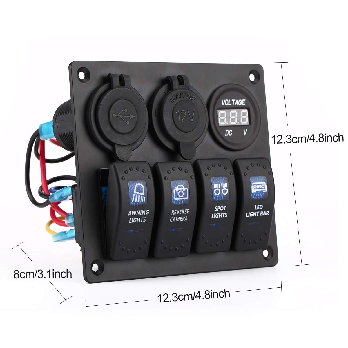 Jiaying Rocker Switch Aluminum Panel 4 Gang Toggle Switches with DC 5V 3.1A Dual USB Charger Digital Voltmeter Display DC 12V Power Socket for Car Trailer Marine Boat RV Vehicle Truck: Industrial & Scientific