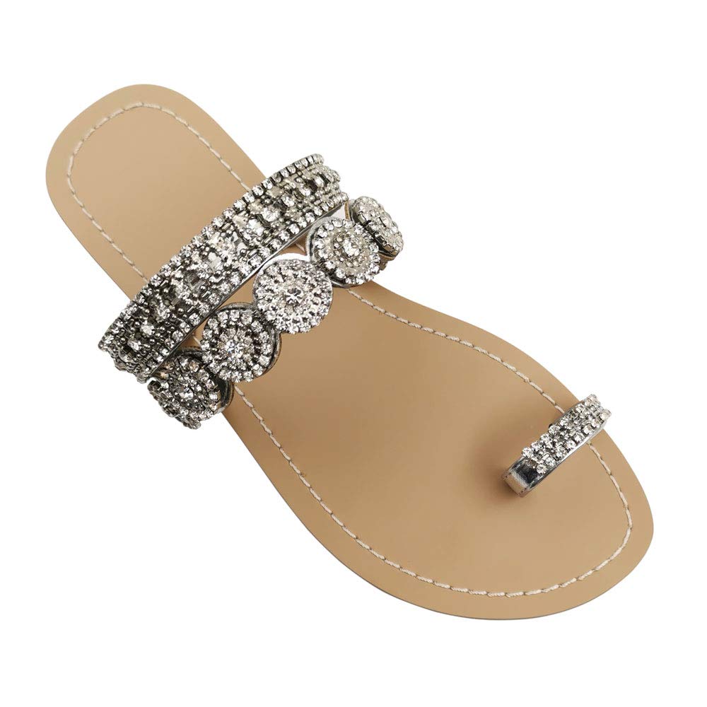 AIJIVOU Women's Rhinestone Flat Sandals, Women Flip Flops with Clip Toe RingBeadeed Rhinestone Crystal Jeweled Sandal…