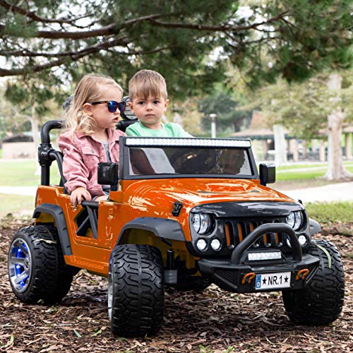 2019 Two (2) Seater Ride On Kids Truck w/ Remote Control | Large 12V Power Battery Licensed Kid Car to Drive with 3 Speeds, Leather Seat, Foam Rubber Tires - Orange - Thumbnail 2