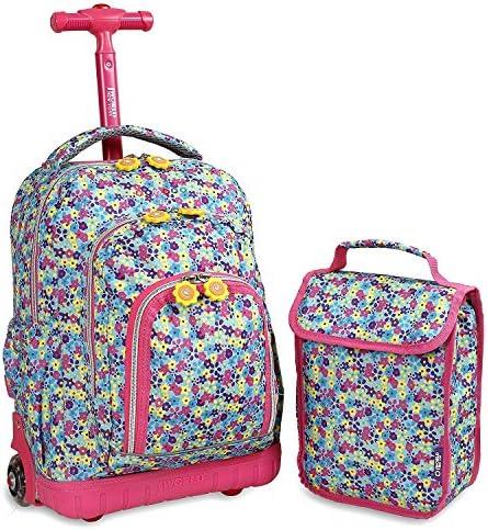 Kids Pink Blue Floral Pattern Rolling Backpack Lunch Bag, Lightweight Softsided, Wheeling Luggage, Girls School Duffel Wheels, Fashionable, Pretty Flowers Suitcase