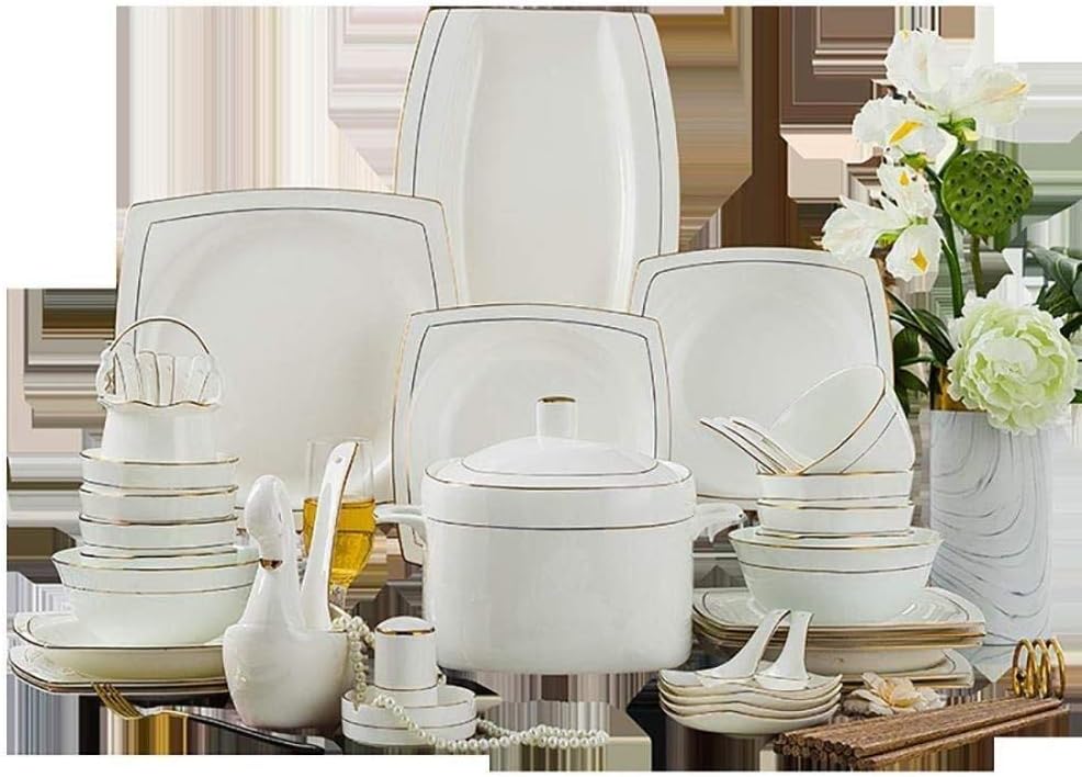 60-Piece Ceramic White-Black-Lines-Dinner Dinnerware Set with Dinner Plates/Dessert Plates/Soup Plates/Cups/Saucers