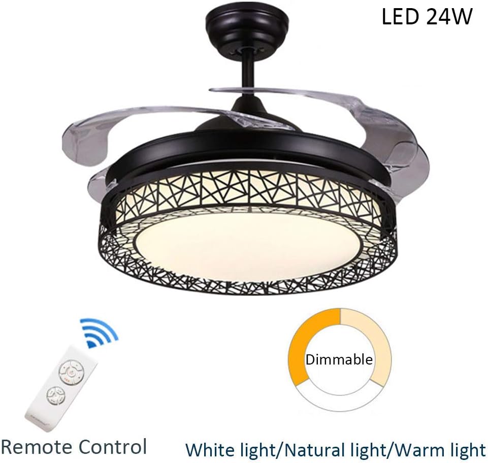 LED Ceiling Light with Fan, Kitchen Island Invisible Fan Chandelier Living Room Bedroom Ceiling Pendant Lamp Fixture Bar Restaurant Hanging Lamp Remote Control 24W,Black