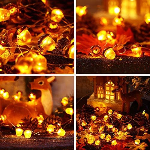 Battery-operated acorn string lights with remote control, fall-themed for Thanksgiving.