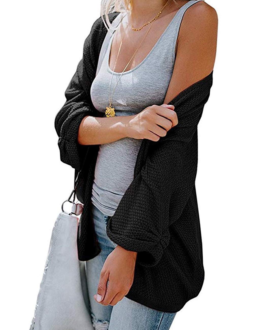 Poplover Womens Ladies Batwing Sleeve Cardigans Loose Open Front Knit Tops Sweater Black X-Large