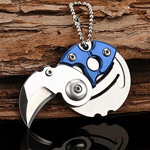 Key Chain Blade Pocket Knife, Handy Coin Size Folding Concealed Knife Purse Carry Pocket EDC Curved Blade Neck Knife for Outdoor Survival Camp Hunting (Blue)