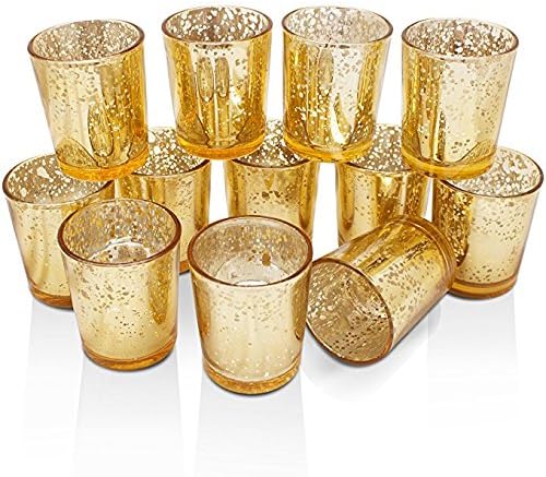 LOGUIDE Gold Mercury Glass Votive Candle Holders - Made Of Mercury Glass With A Speckled Gold Finish - Perfect To Add A Unique Atmosphere To Every Home And Wedding Decor 12pcs