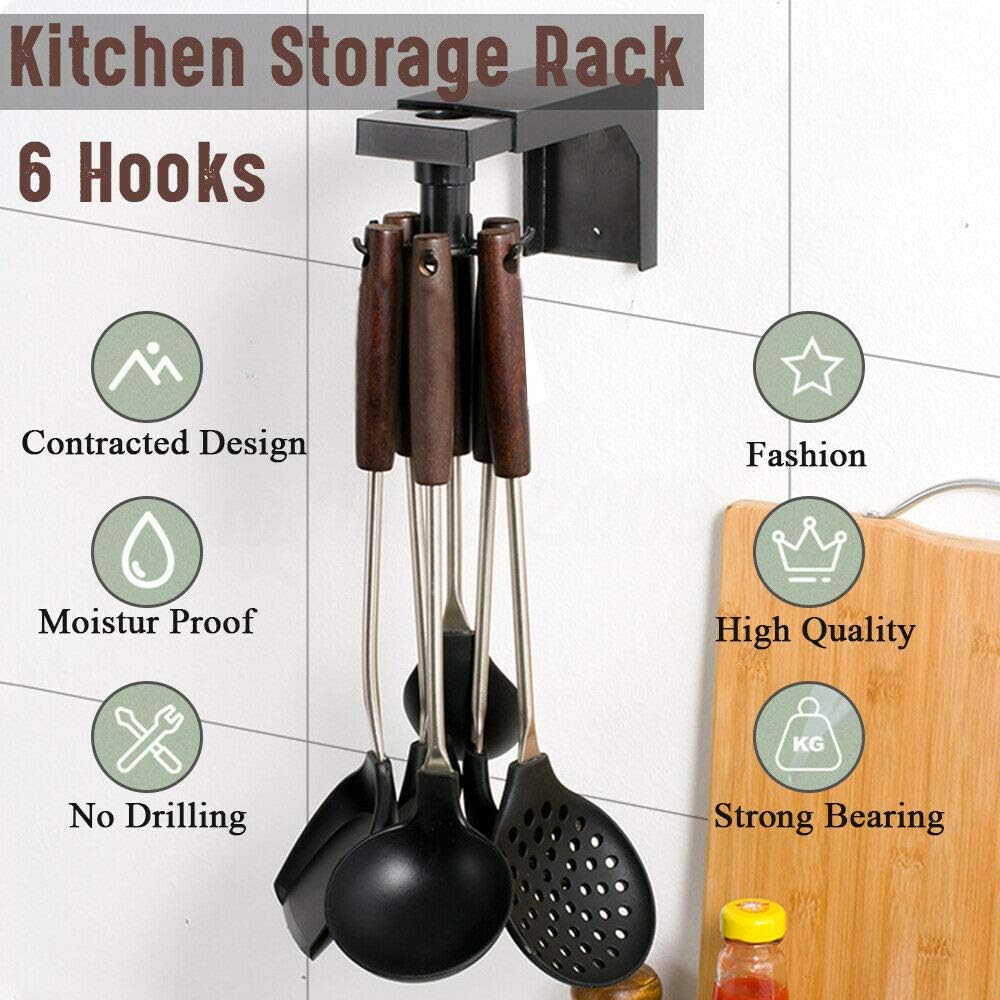 Kitchen Nail-Free Rotating Shelf,Telescopic Kitchen Wall Mounted Storage Organizer Kitchenware Utensil Hanging Rack Hanger Self Adhesive Mug Hooks (Black)