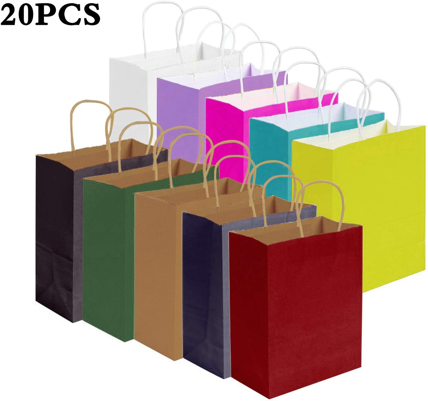 YLX 10 Colors Kraft Paper Party Favor Bags Craft, Paper Bags with Handles for Christmas Party Celebrations (20 Pieces)