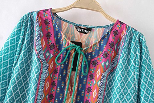 Han Shi-Dress Clearance Dress-Han Shi Women Vintage 3/4 Sleeves Geometric Print Summer Sundress (Green, S) - Thumbnail 4