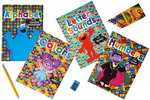 Sesame Street Workbooks Set of 4. (Alphabet, Numbers, Colors, &amp; Letter Sounds). Plus Bonus 1 Box of Crayons and 1 Jumbo Pencil with 1 Sharpener (Color May Vary)