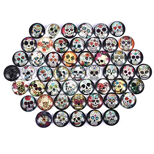 LANBEIDE 50PCS 20mm Mixed Color Mosaic Skull Printed Glass Half Round/Flat Back Dome Cabochons for Jewelry Making Bracelet Pendant Necklace Cufflinks Rings