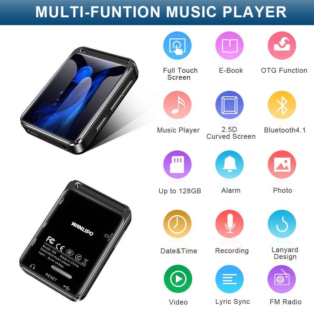 16GB MP3 Player with Bluetooth 4.1, HiFi Lossless Sound Music MP3 Player with FM Radio, Voice Recorder, E-Book, Supports up to 128GB, Earphone Included, Built-in Speaker, 1.8 inch Full Touch Screen