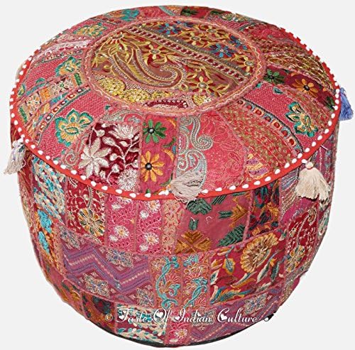 22" Burgundy Round Ottoman Pouf Stool Chair Tapestry Handmade Pouffe India Decor