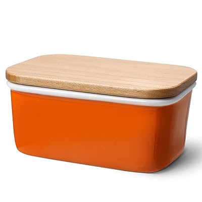 Sweese 3162 Large Butter Dish - Porcelain Keeper With Beech Wooden Lid, Perfect for 2 Sticks of Butter, Orange