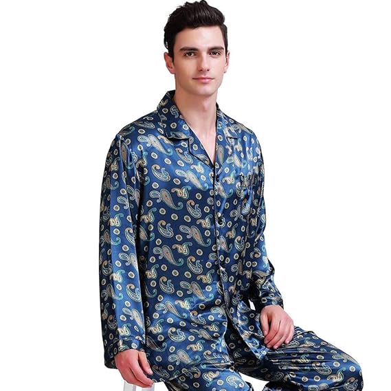 SIHA Herren Pyjama Imitiertes Seidengewebe Langarm-Schlafanzug mit Hosen, Klassische Satin Schlafanzug Nachtwäsche Set