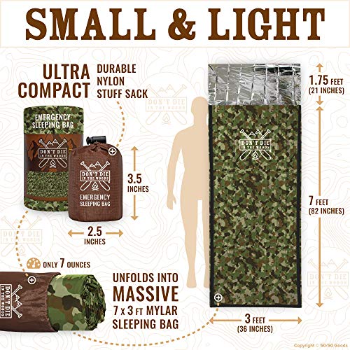 Emergency Sleeping Bag With Hood | Ultralight, Waterproof, Thermal Mylar Sleeping Bag Liner | Survival Bivy Space Blanket Bivey For Hiking, Camping, Military, Prepper Kits, Hunting, Survival Gear Camo