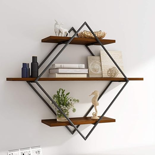 Amazon Com Wood Floating Shelves 3 Tier Wall Mounted Storage Shelves Rhombic Home Decor Photo Display Wall Shelf For Living Room Office E 80x20x80cm 31x8x31inch Home Kitchen