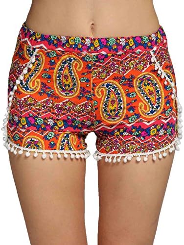 Youzee Women High Waist Print Elastic Tassel Decor Casual Beach Mini Shorts (XL, Orange)
