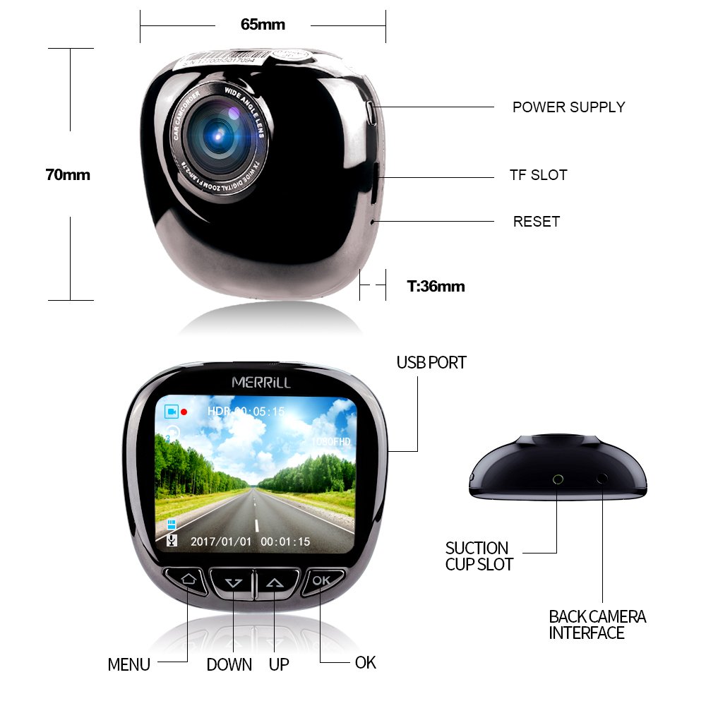 MERRiLL 1080P dash cam 170° Wide Angle Night Vision new design 15 mega pixel and 32GB card