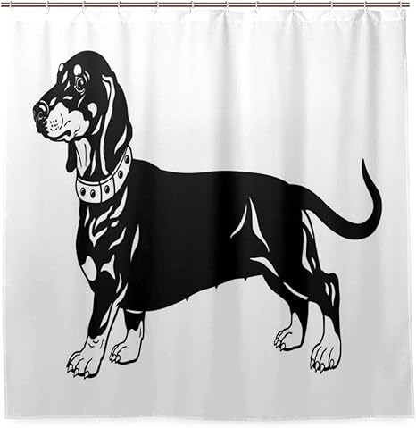 Amazon Patinisa 防水シャワーカーテン モノクロの様式化されたかわいい長い胴体の品種と単純な犬のイラスト 浴室 目隠し 間仕切り取付簡単 カーテンリング付属 おしゃれ バスカーテン 180ｘ180cm シャワーカーテン ホーム キッチン オンライン通販
