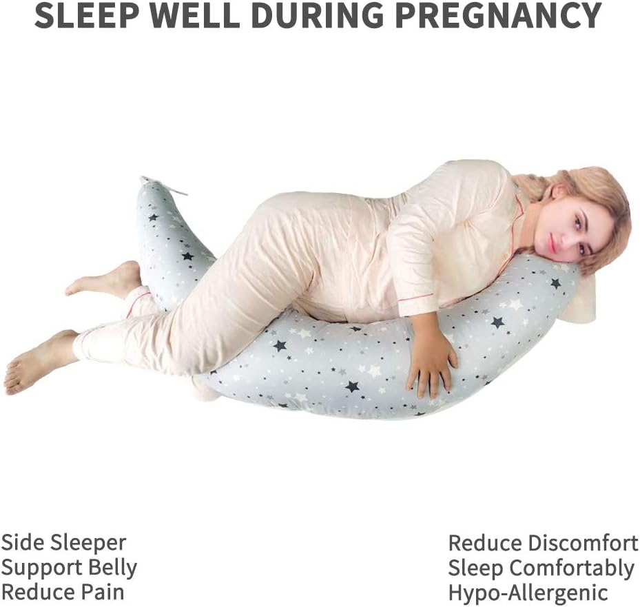 Pregnancy Pillow, U Shaped Pregnancy Pillow Set with Inner Cushion Reducing Discomfort for Gravida and Nursing Baby 100% Cotton Material Supporting Back, Belly, Legs and Hips (Grey-Stars): Kitchen & Dining