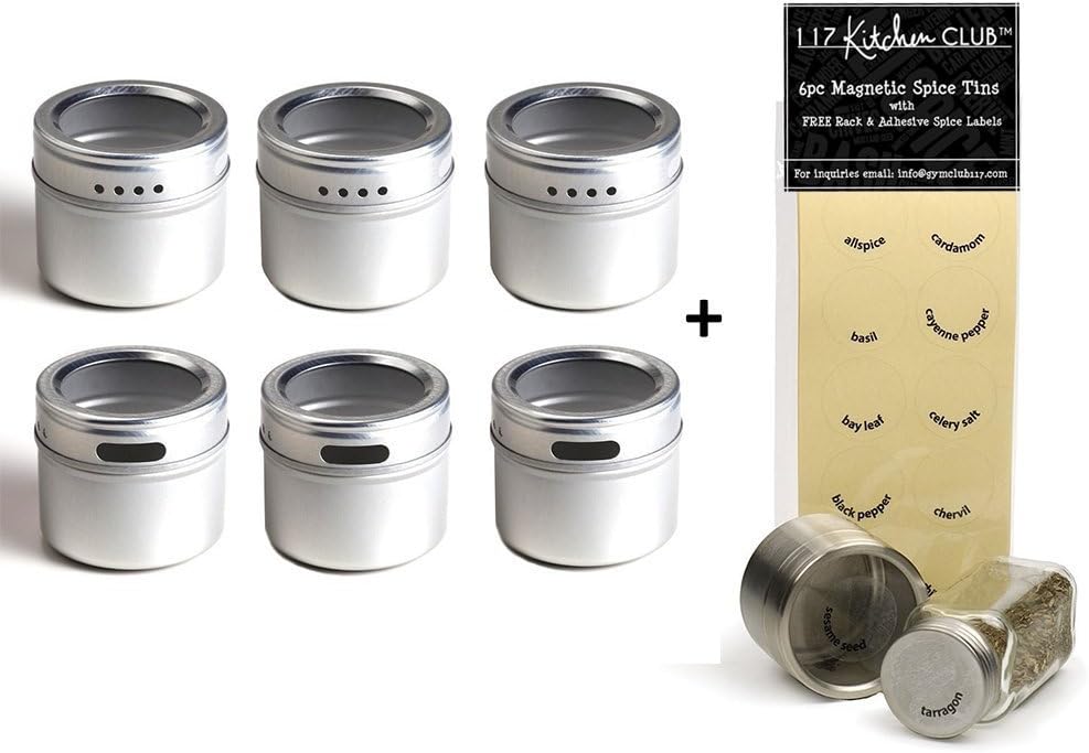 6pc Magnetic Spice Tins for Fridge with Rack. Comes with Clear Round Adhesive Labels 2.5 inch by Kitchen Club 117