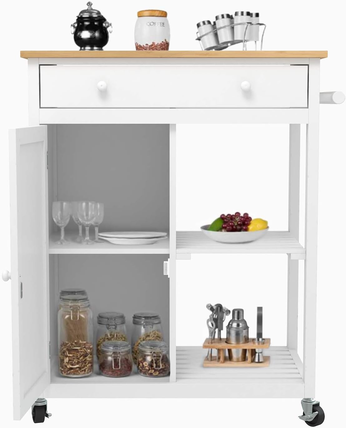 Mecor Kitchen Island Cart w/Wood Top, Rolling Utility Trolley on Wheels with Storage Drawer, Shelves and Cabinet (White) - Kitchen Islands & Carts