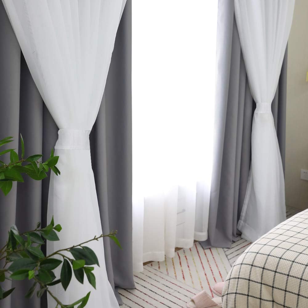 PONY DANCE Window Curtains with Sheer - Solid Blackout Triple Woven Curtains Double Layers for Living Room/Dining Room, 52 W by 108 L, Grey, 2 Pieces