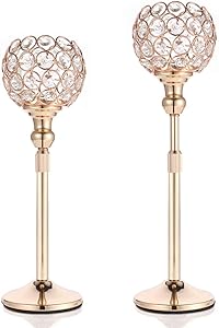 DUOBEIER 2PCS Christmas/Thanksgiving Gold Crystal Candle Holders Set for Home Decor - Table Centerpieces Candle Holder for Coffee Table Decor & Dining Room Table & Living Room Decor
