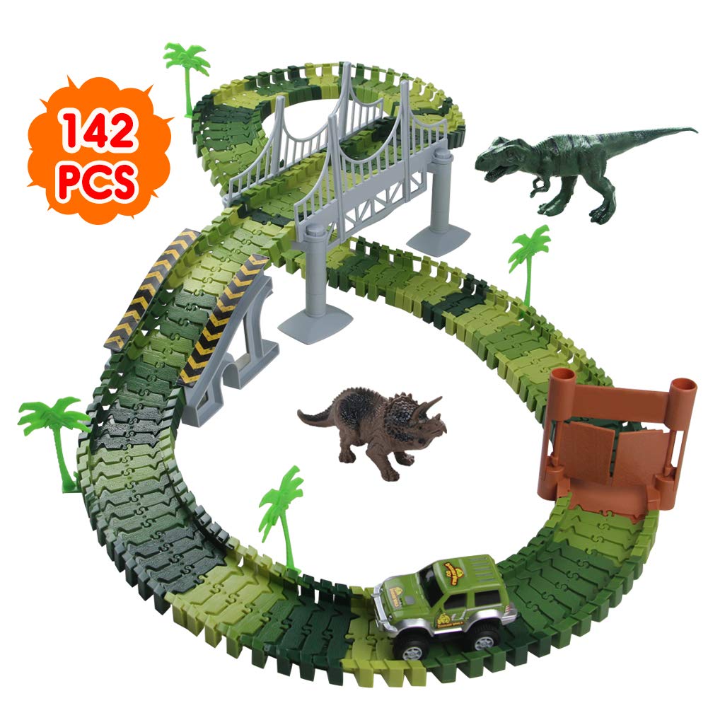 Nuheby Dinosaur Toys Car Racing with 142pcs Flexible Race Track Set -2Dinosaurs 1 Military Vehicles,4 Trees,2 Slopes,1 Door and 1 Bridge for Party Games 3 Year Old Girl&Boy Gifts