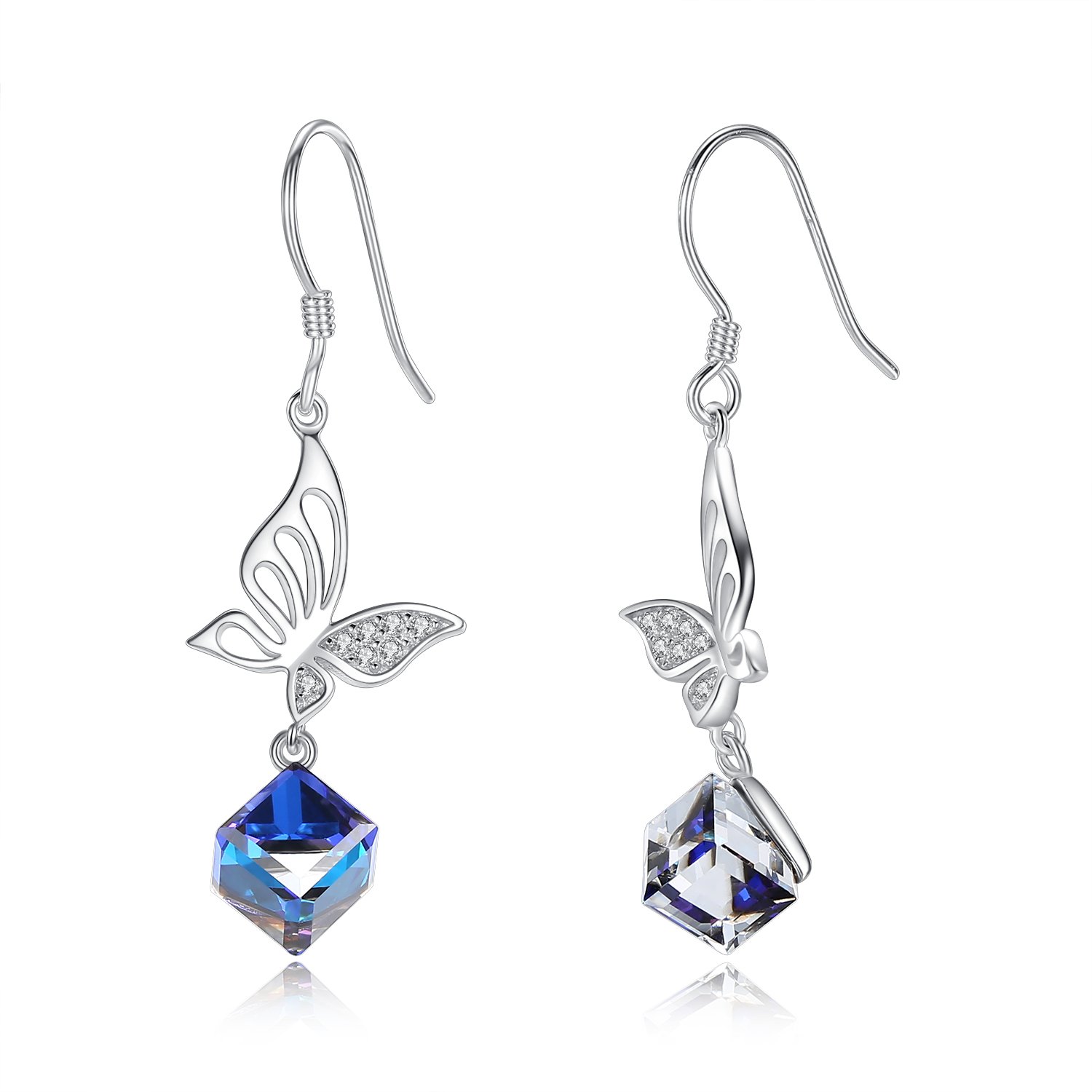 925 Sterling Silber lange Schmetterlings-Ohrringe Blau Kristall Tropfen Baumeln Ohrringe für Damen Schmuck Geschenk