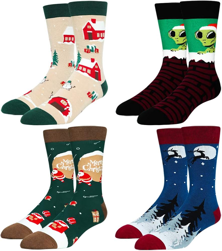 Men's Novelty Christmas Crew Socks, Crazy Alien Santa Claus Snowman