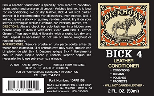 Bickmore Bick 4 Leather Conditioner 2oz - Best Since 1882 - Cleaner & Conditioner - Restore Polish & Protect All Smooth Finished Leathers