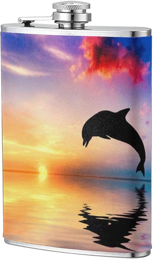 Petaca portátil para whisky con diseño de delfín saltando en el océano