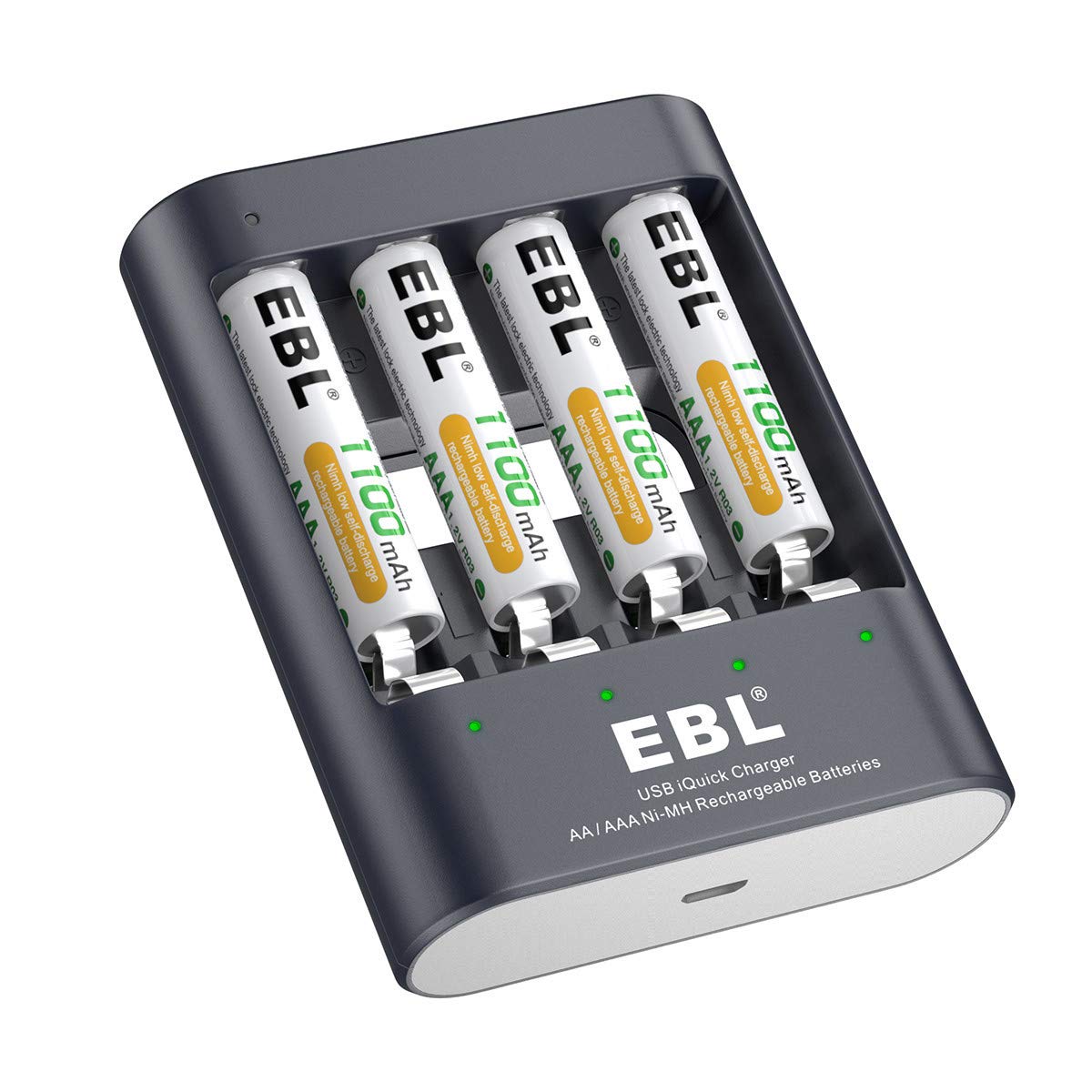 EBL iQuick chargeur de pile rechargeable AA/AAA 40min de charge pou une pile avec lot de 4 piles rechargeables AAA 1100mAh