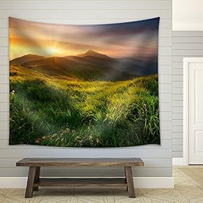 Mountain Valley During Sunrise. Natural Summer Landscape - Fabric Wall Tapestry Home Decor - 51x60 inches