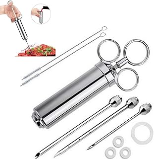BBQ Bratenspritze mit 3 Nadeln 60 ml, Gewürzspritze, Marinadenspritze zum Grillen für Rind, Huhn, Gebäck mit Marmelade zu befüllen, 304 Edelstahlausführung, FDA Zertifizierung (Silber)