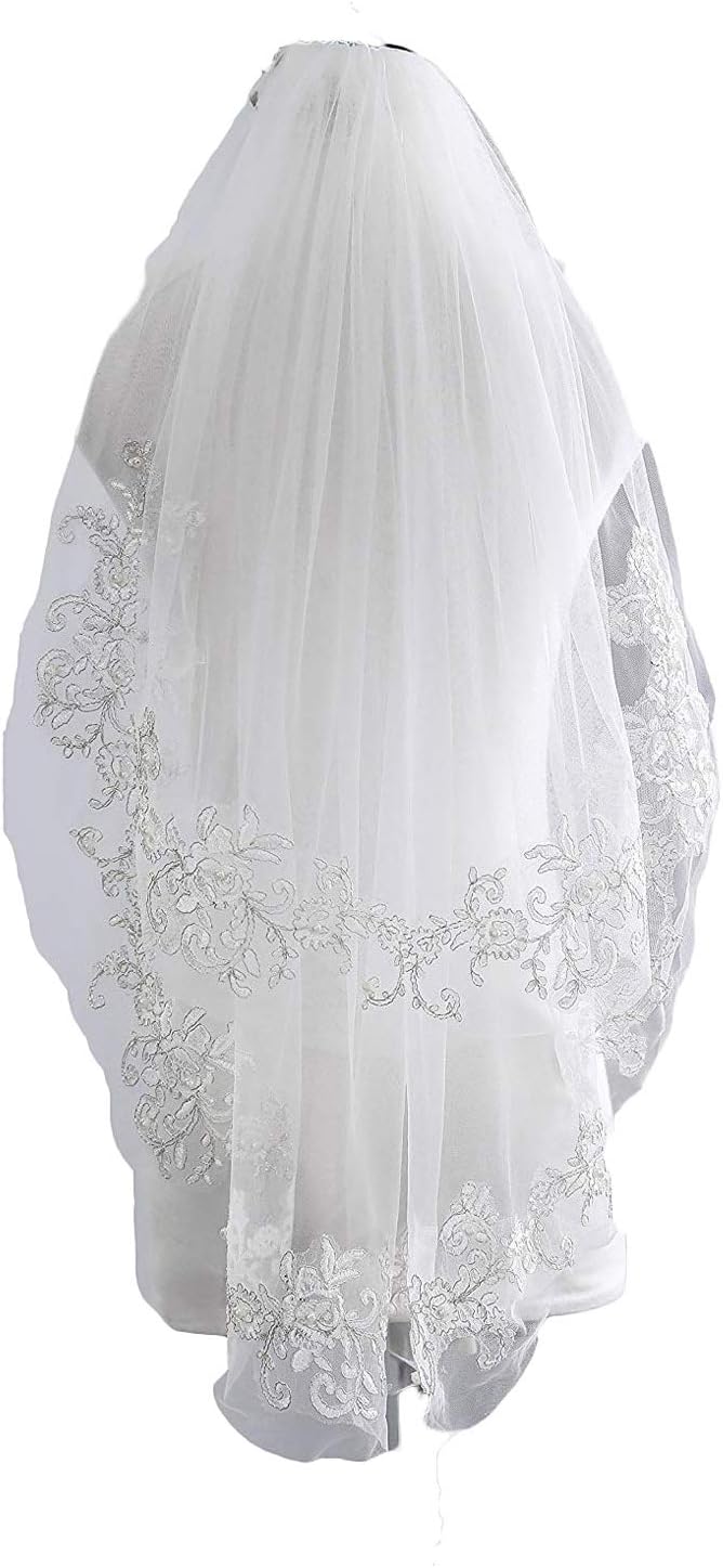 Veilbridal Short 2 Tiers Vintage Inspired Pearl Beaded Lace Applique Bridal Wedding Veils