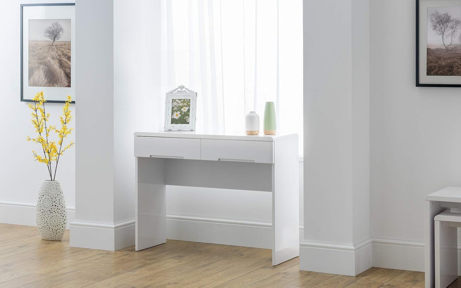 Julian Bowen Manhattan Dressing Table With 2 Drawers - High Gloss White Tables, Height: 77, Width: 100, Depth: 35cm