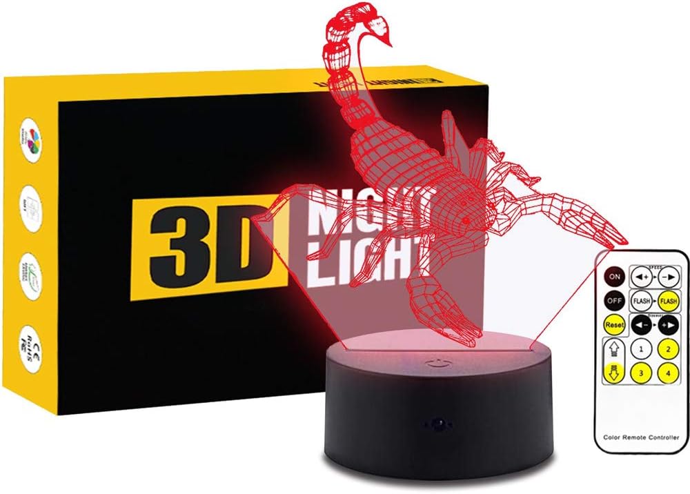 Leisurely Lazy Animal Scorpion Colorful Gradients 3D Optical Illusion Lamp 7 Colors Change and 15 Keys Remote Control Children Kids Bedside Table LED Night Light