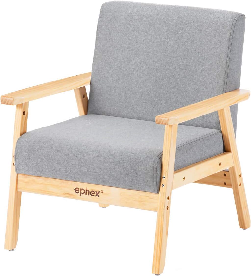 EPHEX Mid Century Modern Chair, Accent Chair Wooden Arm Chair Fabric Upholstered Lounge Chair, Apartment Living Room Chairs, Gray