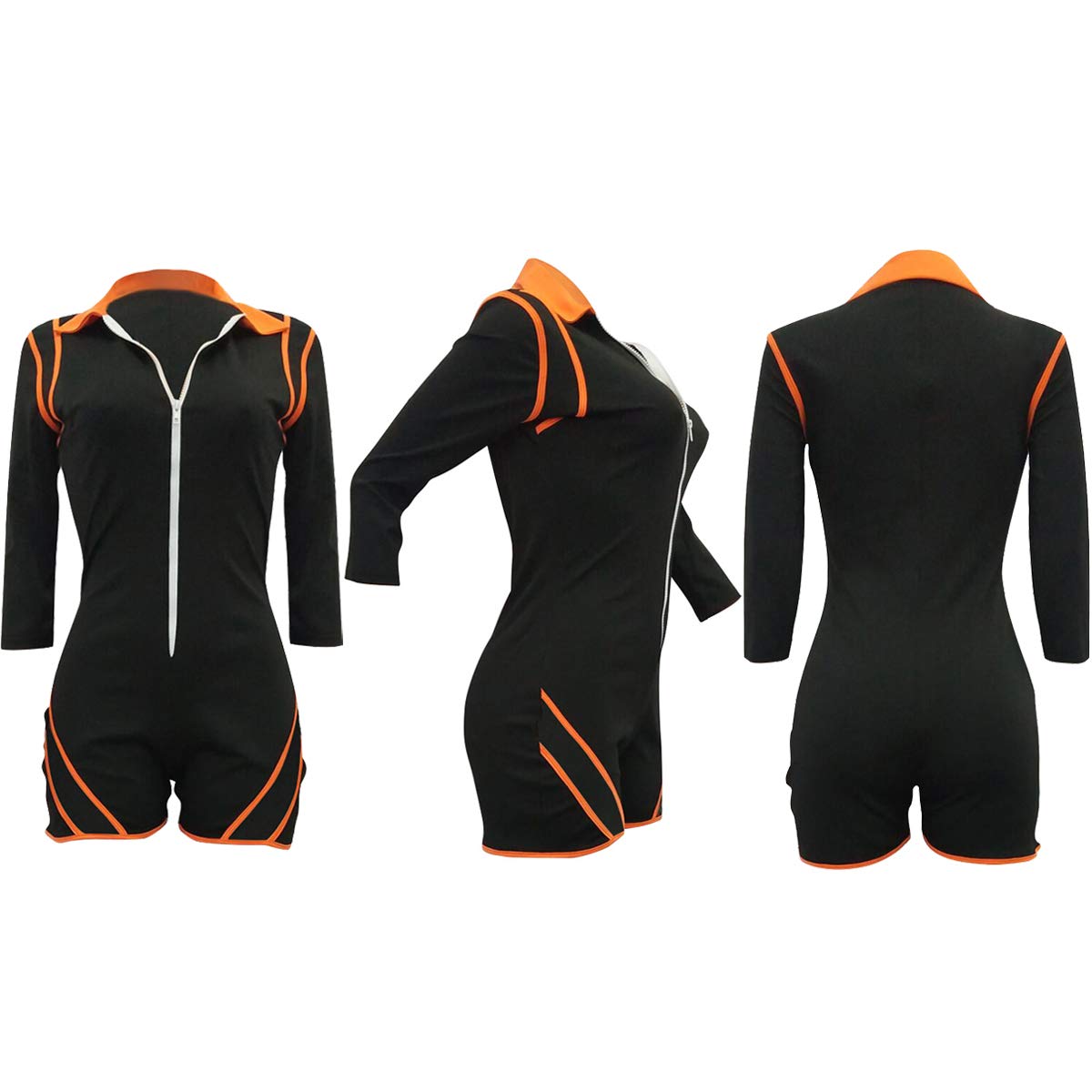 ThusFar Women\'s Sexy One Piece Outfits - Mesh Patchwork Zip Up Striped Long Sleeve Bodycon Romper Jumpsuits Medium Orange