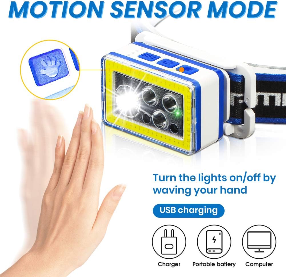 Alyattes Headlamp, Ultra Bright USB Rechargeable LED Headlight, 9 Modes Waterproof Head Lamp with Motion Sensor Headlamps Flashlight for Head Adults Camping Running Hiking Fishing Outdoors: Home Improvement