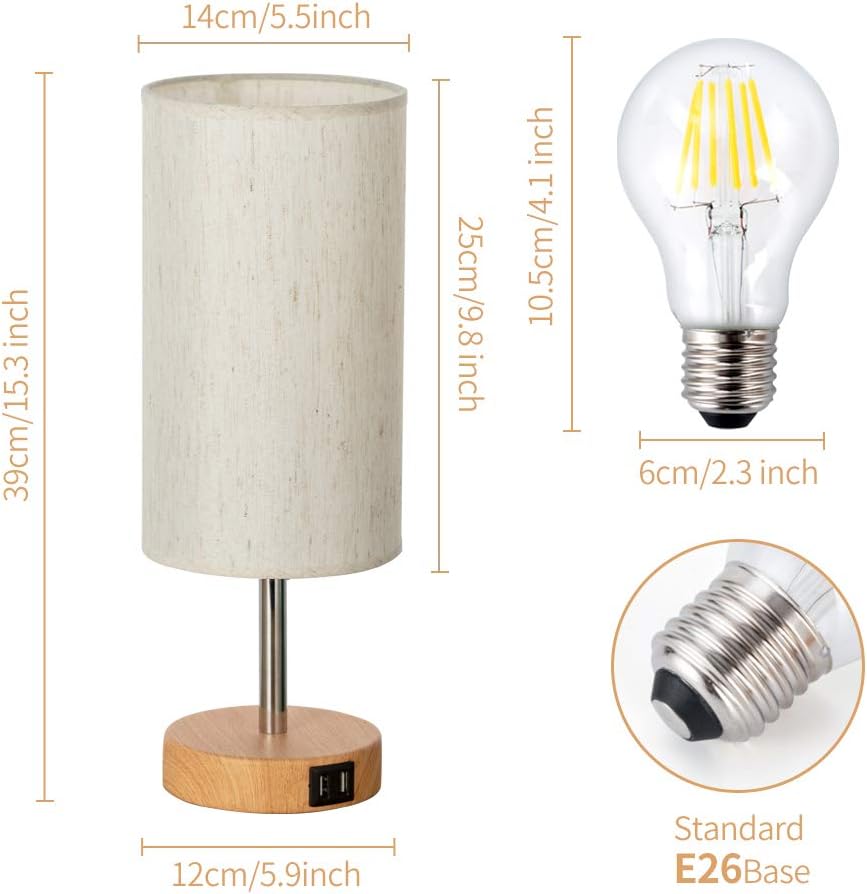 Bedside Lamp with USB port - Touch Control Table Lamp for Bedroom Wood 3 Way Dimmable Nightstand Lamp with Round Flaxen Fabric Shade for Living Room, Kids Room, College Dorm, Office(LED Bulb Included) - - 