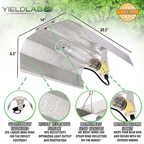 Yield Lab Horticulture 600w HPS Grow Light Wing Reflector Kit Easy Setup Full Spectrum System For Indoor Plants And Hydroponics – Free Timer and 12 Week Grow Guide DVD