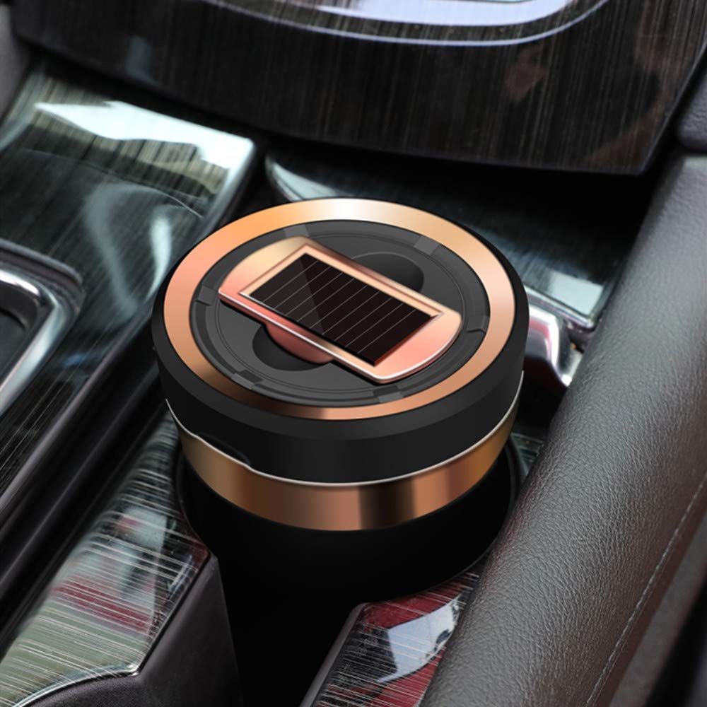 Solarxia Car Ashtray, Auto Ashtray Cigar Electronic Cigarette Lighter Detachable Solar Powered/USB Rechargeable with Lid Blue LED Light Stainless Ceramic for Most Car Cup Holder Home Office (Black)