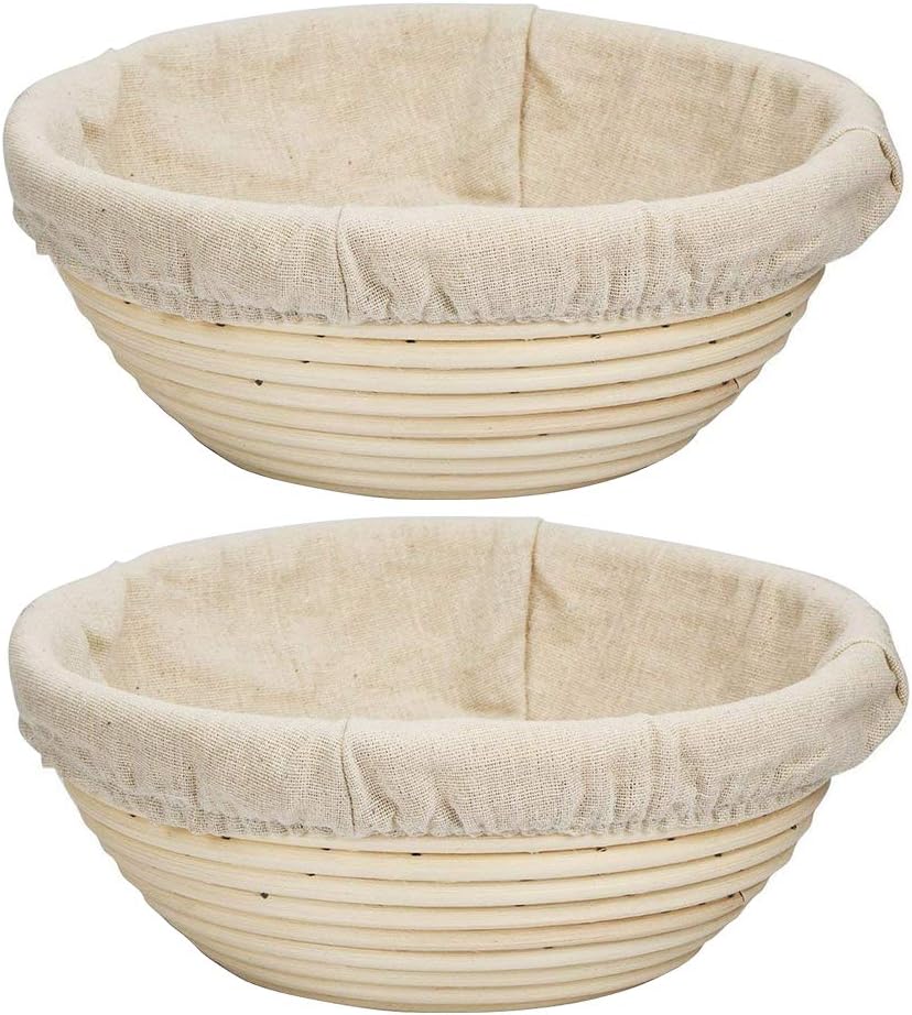 CrazyFire 2 PCs 8 inch Bread Proofing Baskets, Round Dough Bowl Banneton Proving Baskets for Sourdough Lame Bread Handmade Rattan Bowl + Cloth Liner